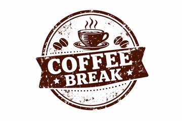 Round grunge stamp with text coffee break and cup of hot drink. Vintage emblem for cafe menu and restaurant advertising, isolated on white background