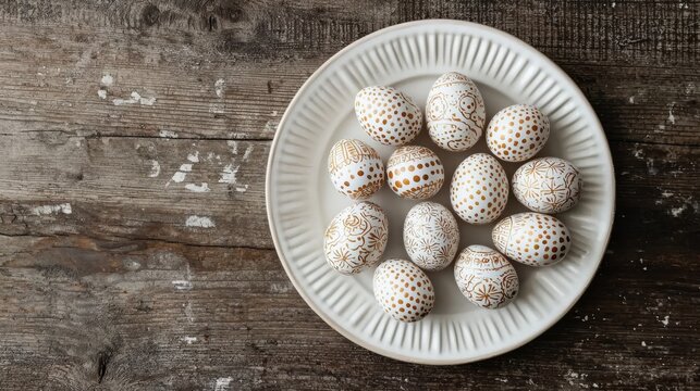 Hand painted eggs with delicate patterns displayed on rustic wooden surface. concept of artistic craftsmanship, easter decoration, holiday crafting, copy space