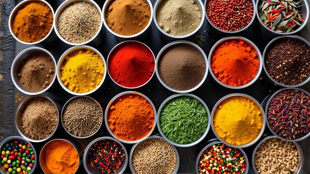 collection small white bowls filled different types spices bowls arranged grid like pattern black surface bowl contains different type spice such cumin turmeric cumin powder cayenne pepper cumin