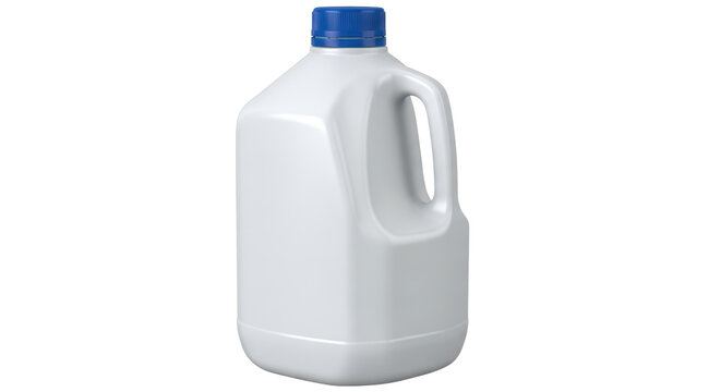 Large white plastic gallon jug with a blue cap and handle, for milk or water. Isolated on transparent background, png
