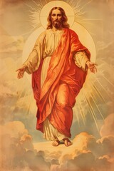 1950s vintage Catholic Easter holy card of risen Jesus Christ above clouds in radiant light. Bright devotional artwork celebrating resurrection, eternal life, divine glory. Christian faith background

