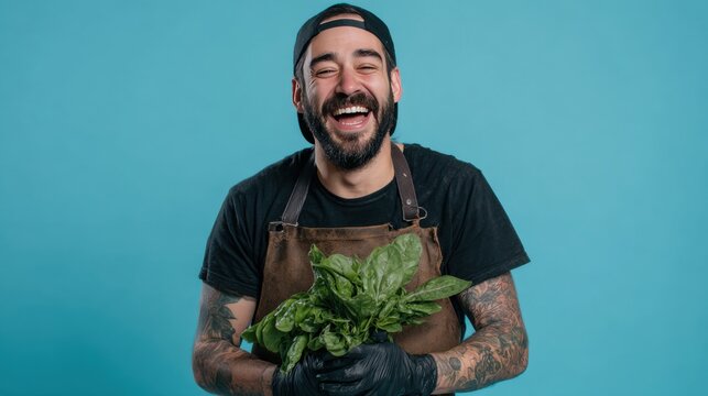 vegetarian man laughing waist-up portrait holding fresh spinach in brown leather apron with tattooed forearms on pale blue background