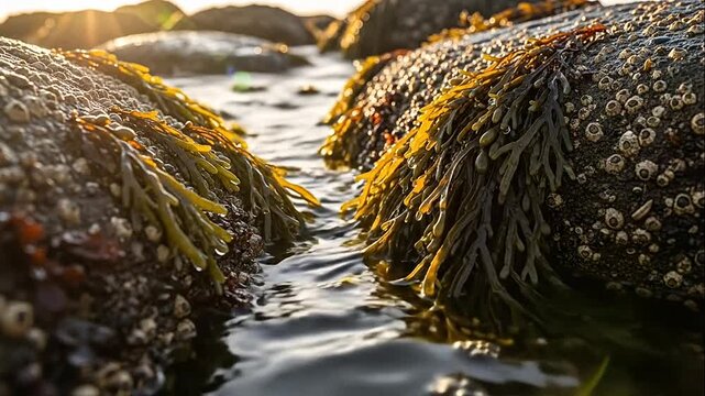Lush Seaweed and Barnacles on Rocks by Ocean Water at Golden Hour, Coastal Nature Scene