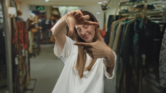 Woman in a white t shirt framing her face with hands and pointing fingers to form a viewfinder in a retail store building; playful curiosity.
