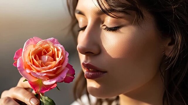 Peaceful woman enjoying the delicate fragrance of a pink rose with closed eyes outdoors