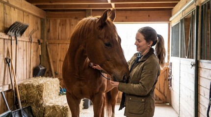 Equine veterinarian examining chestnut horse in wooden stable. Animal healthcare professional, gentle care, large animal medicine. Rural farm setting. Compassionate treatment concept
