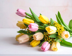 A vibrant bouquet of mixed tulips and mimosa flowers arranged on a white surface