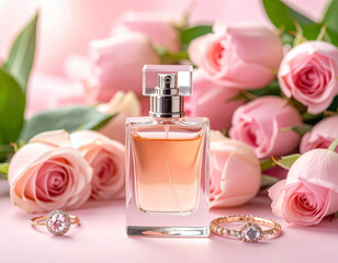 Elegant perfume bottle surrounded by delicate pink roses and sparkling jewelry