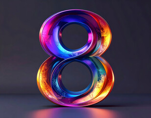 Abstract 3D number 8 with iridescent metallic finish and vibrant color gradients