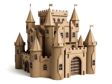 A 3D cardboard castle model with multiple towers and a large gate stands isolated on a white background.