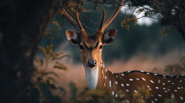 Majestic chital deer stares intensely from dense foliage wilderness habitat