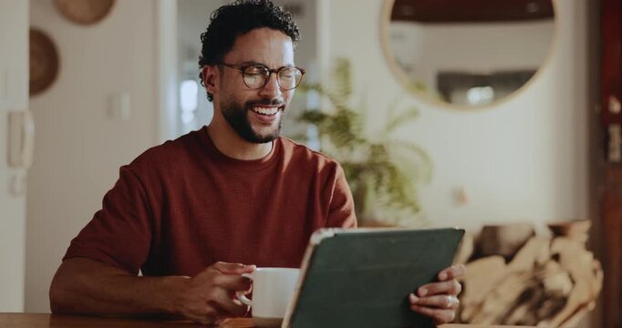 Coffee, smile and man with tablet in home for funny news, meme or watch video on internet. Drink tea, technology and person in house with app for streaming show, comedy and laugh at online movie