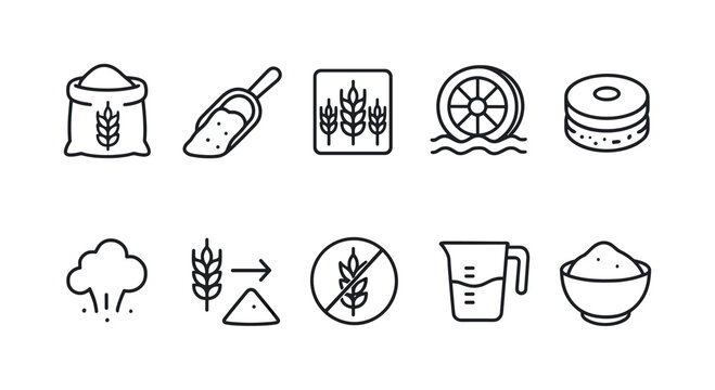 Flour and baking outline icon set. Wheat, grain, and cooking linear icons collection