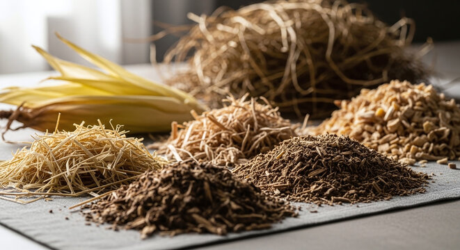 Various types of biomass materials arranged on a table. Includes straw, wood chips, and other organic matter. Natural colors and textures are visible.