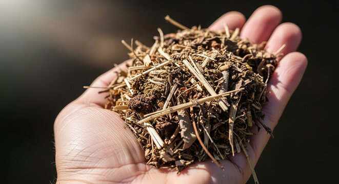 A hand holds a handful of biomass material, consisting of dried plant matter and organic debris. The background is blurred, emphasizing the biomass.