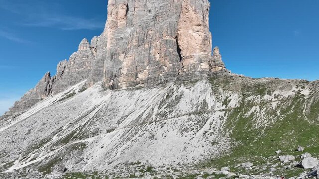 A scenic view of the Dolomites mountain range in Italy.