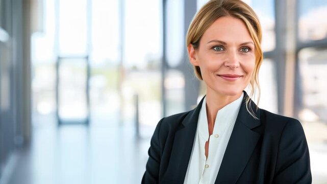 Confident Businesswoman in Modern Setting: A poised businesswoman exudes confidence and professionalism, standing in a sleek, modern architectural space, radiating competence and ambition.