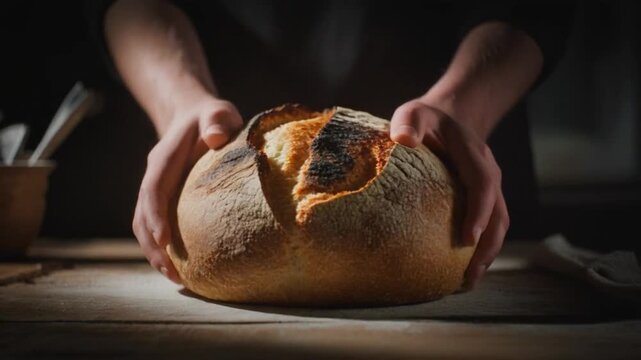 Hands holding freshly baked bread on a wooden table