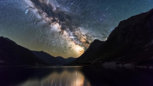 Milky Way arching over a mountain valley at night