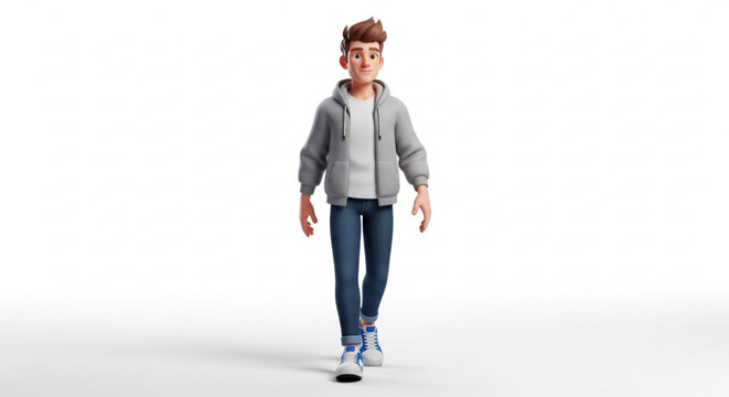 A 3D cartoon illustration of a young man walking in a casual outfit on a white background