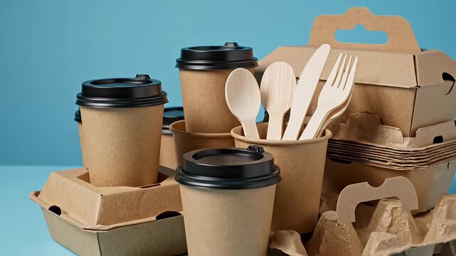 Assortment of compostable paper containers and wooden cutlery against blue background