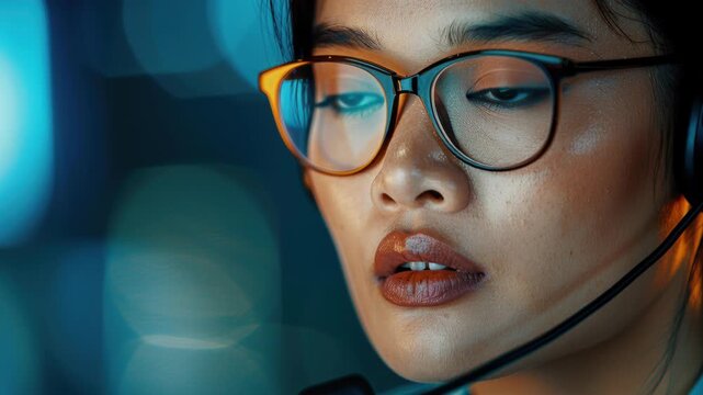 Attentive Communication: A focused individual wearing glasses and a headset, deeply engrossed in a professional conversation, illuminated by a dynamic and colorful backdrop.