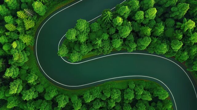 Winding Road through Lush Green Canopy: A bird's-eye view captures a serene scene of a winding road slicing through a dense forest canopy.