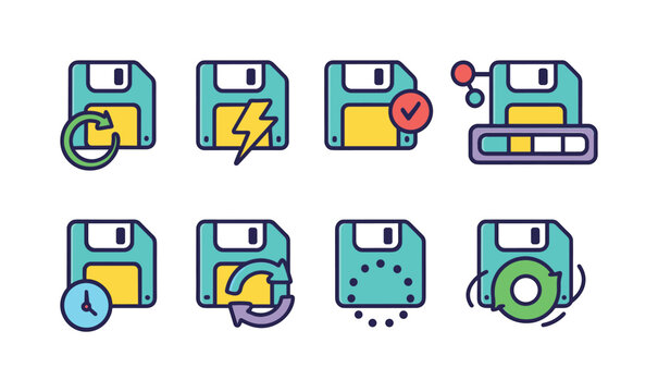 Computer, technology flat icon set. Retro, floppy disk storage icons collection