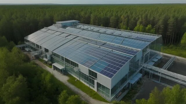 Sustainability Professionals Inspecting Modern Green Economy Building with Solar Panels in a Forest Landscape from an Aerial Viewpoint