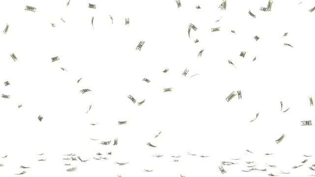 Money falling on transparent background - Dollar paper bills raining down from top of the screen