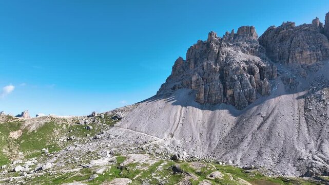 A scenic view of the Dolomites mountain range in Italy.