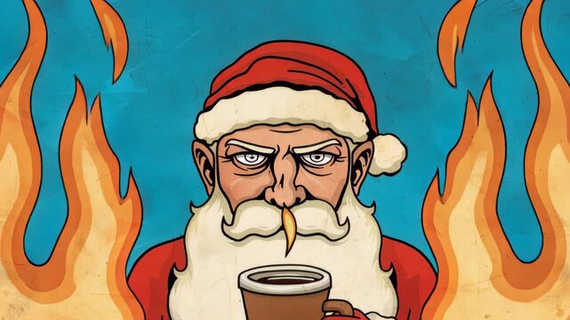 Grumpy Santa: A stern-faced Santa Claus, surrounded by flames, holds a cup. The image plays on expectations, offering a unique and humorous take on the traditional Christmas figure.