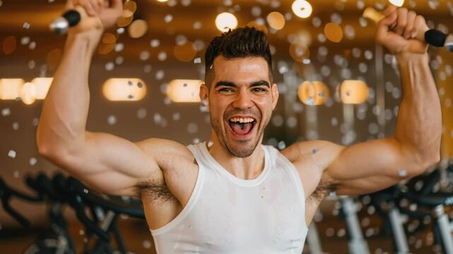 Fitness Victory: A muscular individual celebrates a triumphant moment in a fitness center. Arms raised high, a look of pure elation and satisfaction spreads across his face.