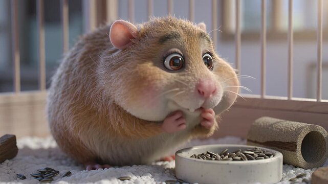 Cute animated hamster eating sunflower seeds with big eyes inside cozy cage. Concept of adorable pet, small animal, funny cartoon character
