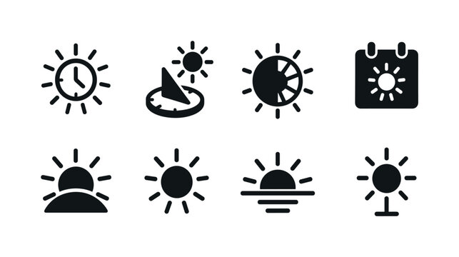 Sun, sundial solid icon set. Timeless, calendar, solar icons solid collection