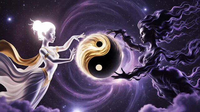 Two women deities interacting with a glowing yin yang symbol in a cosmic space. Concept of balance, duality, animation