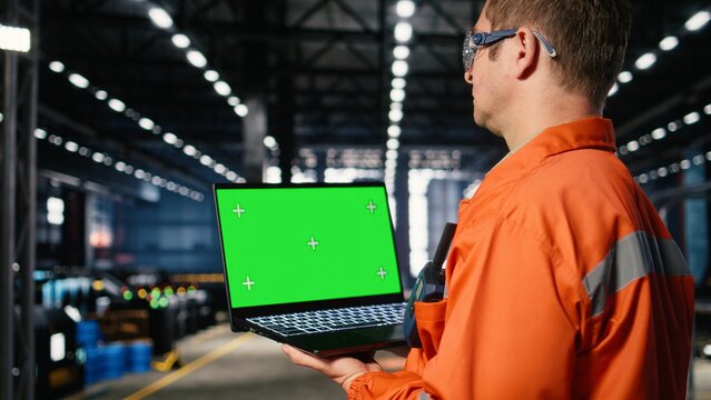 Isolated mockup with technician coordinating strong labor involvement in industry plant, heavy production workflow essential to modern manufacture inside the industrial environment.