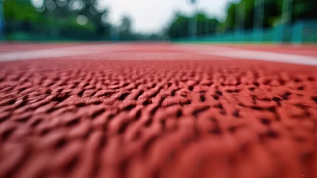 Running Track texture: Close-up of a textured running track. The vibrant red surface is captured in detail, showcasing its unique patterns and evoking a sense of athletic determination. 