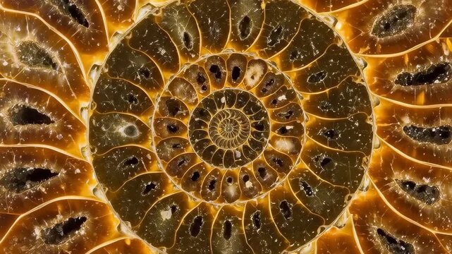 Ancient Fossil Detail: A detailed view showcases an ancient ammonite fossil, its intricate spiral pattern revealing the beauty of prehistoric life, with each chamber echoing the passage of time.