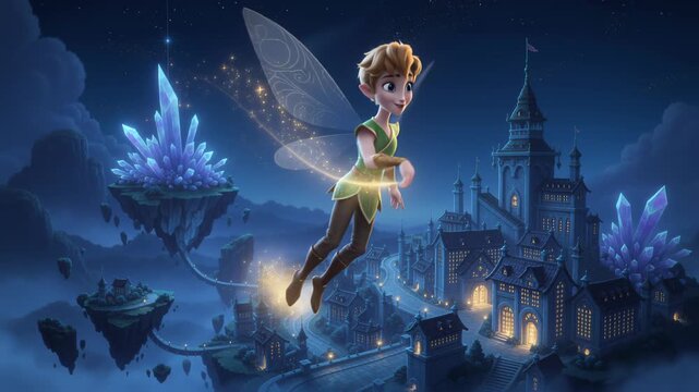 3D cartoon animation featuring a boy fairy flying and creating a magical light trail in a fantasy city at night with floating crystal islands