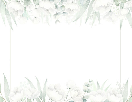 Elegant watercolor botanical frame with thin square line, white flowers and eucalyptus leaves background for wedding seating chart and menu.