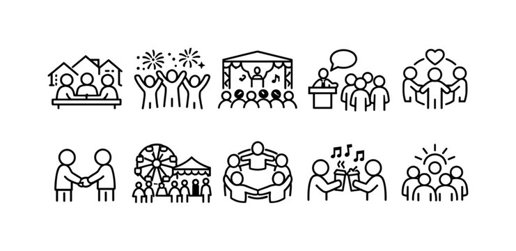 Community and event outline icon set. Celebration, unity, and engagement outline collection