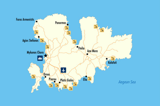 Mykonos Tourist Map Showing Villages Airport Ferry Port and Famous Beaches