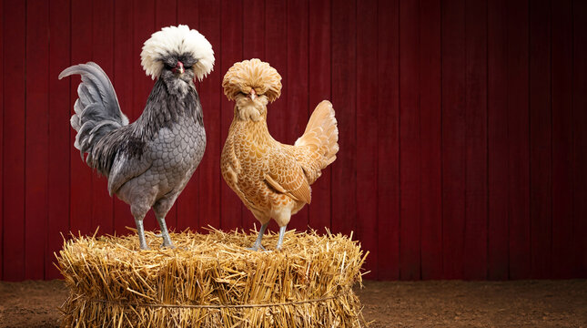 Crested Polish Chickens Standing on Hay Bale Against Rustic Red Barn Wall for Farm Animal Blogs, Poultry Show Promotions, and Educational Agricultural Content