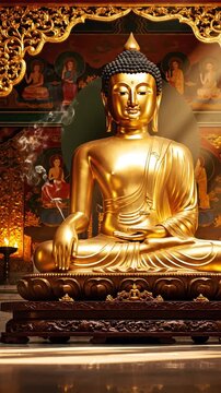 Golden Buddha statue meditating in a temple with smoke and candles