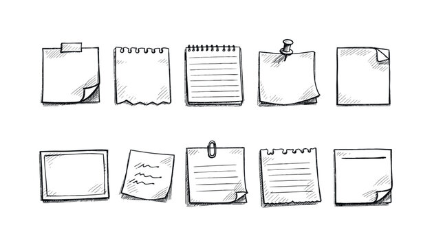 Note paper sketched icon set. Hand-drawn, office supplies, outline icon collection