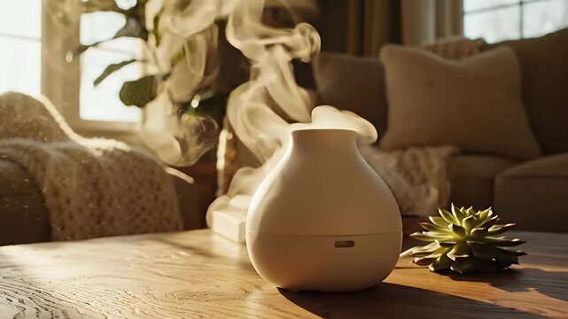 Cozy Living Room Scene Featuring White Ceramic Essential Oil Diffuser with Rising Mist