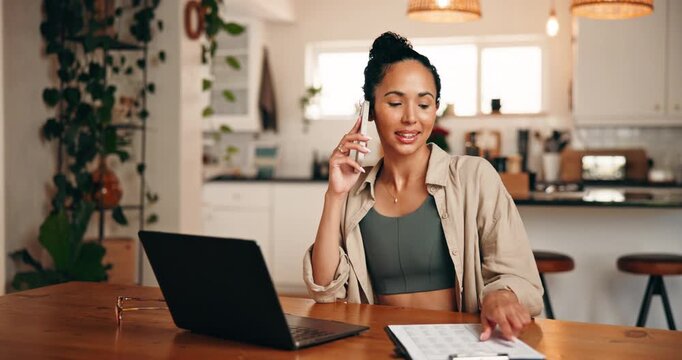 Phone call, remote work and woman with document in home for communication or client feedback. Laptop, contact and event planner with clipboard for schedule, paperwork and vendor booking discussion
