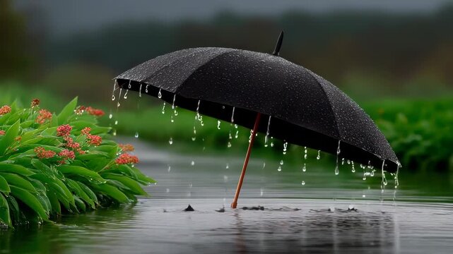 Rain-drenched black umbrella stands in pond next to flowering plants, water droplets hanging