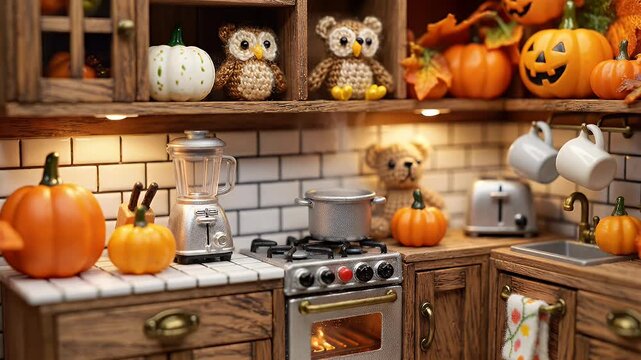 Cozy Rustic Kitchen Decor Scene Featuring Fall Pumpkins, Owls, and Jack-o'-Lanterns on Autumn Counters